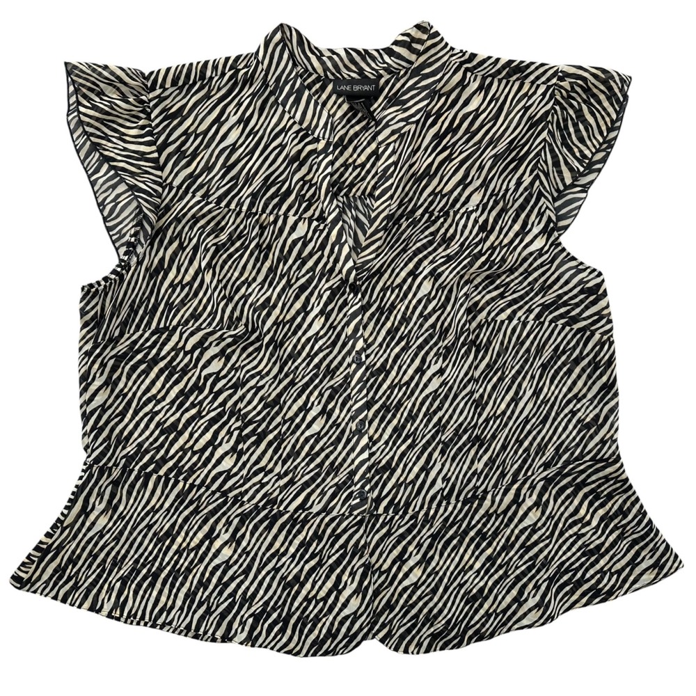 Lane Bryant Animal Print Blouse Short Flutter Sleeve Sheer Button-Up Size 14/16